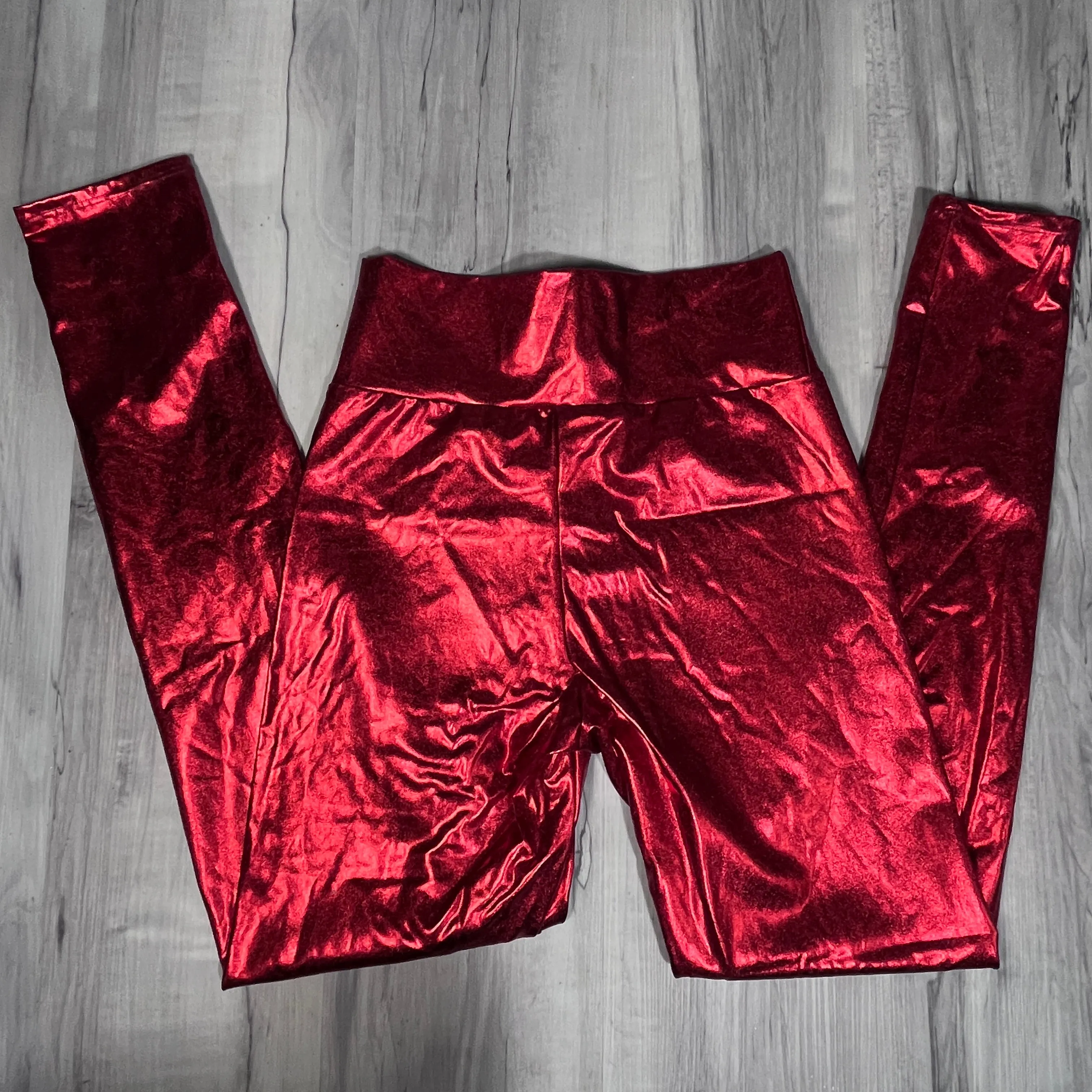 SALE - LARGE ONLY - Red Metallic High Waisted Leggings Pants