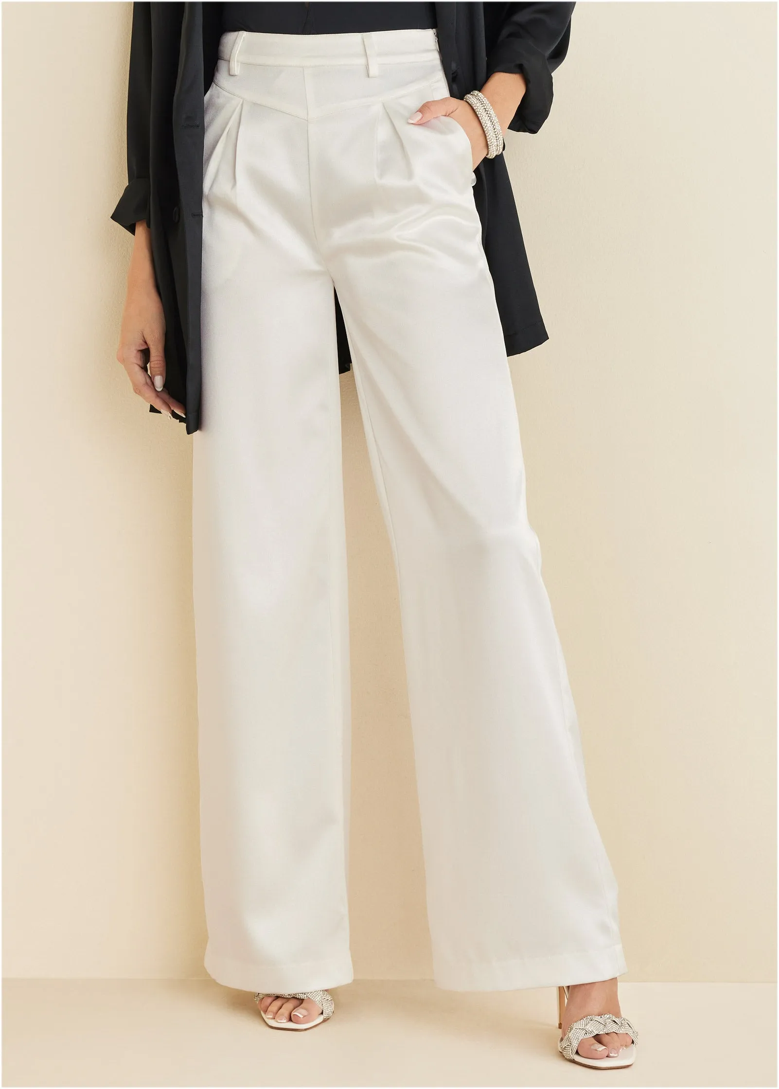 Shiny Satin Wide Leg Pants - Off White