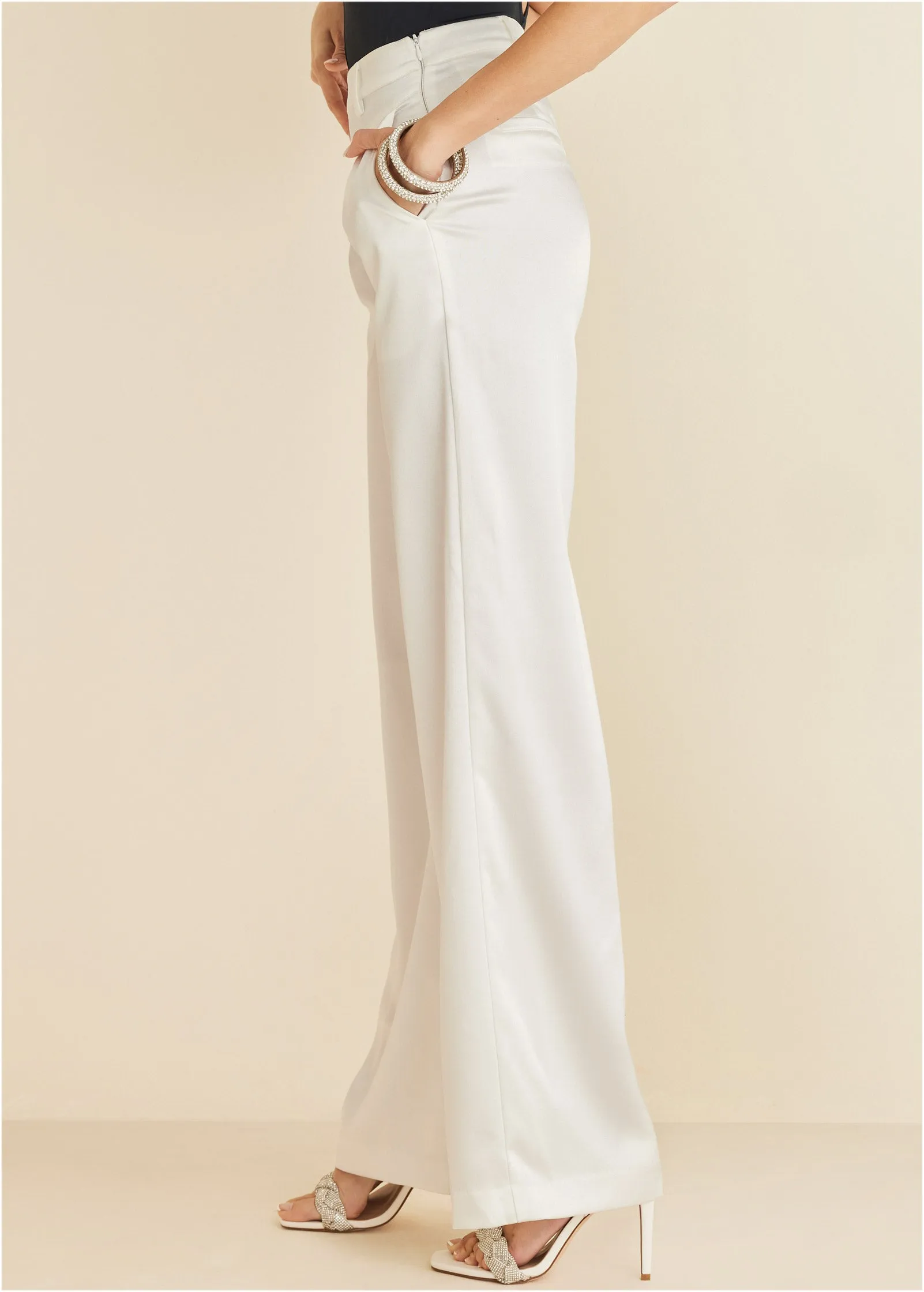 Shiny Satin Wide Leg Pants - Off White