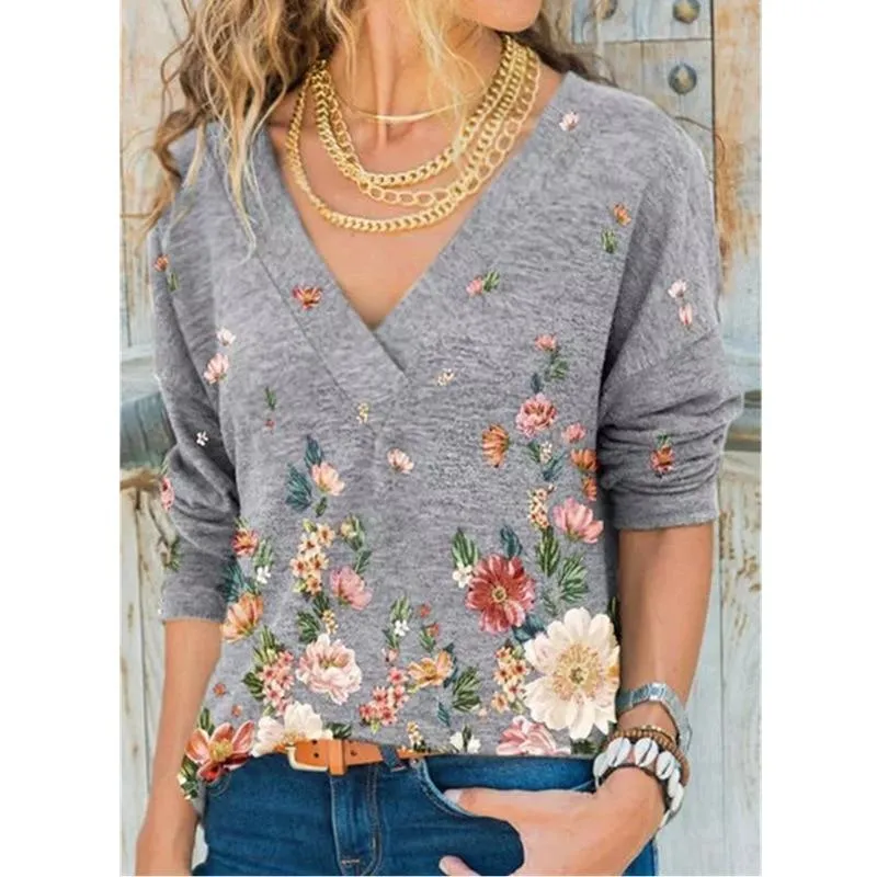 Snake YX Women's Clothing Autumn and Winter New Fashion Women's V-neck Flower Print Long-sleeved Casual Loose T-shirt Plus Size