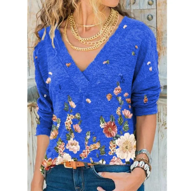 Snake YX Women's Clothing Autumn and Winter New Fashion Women's V-neck Flower Print Long-sleeved Casual Loose T-shirt Plus Size