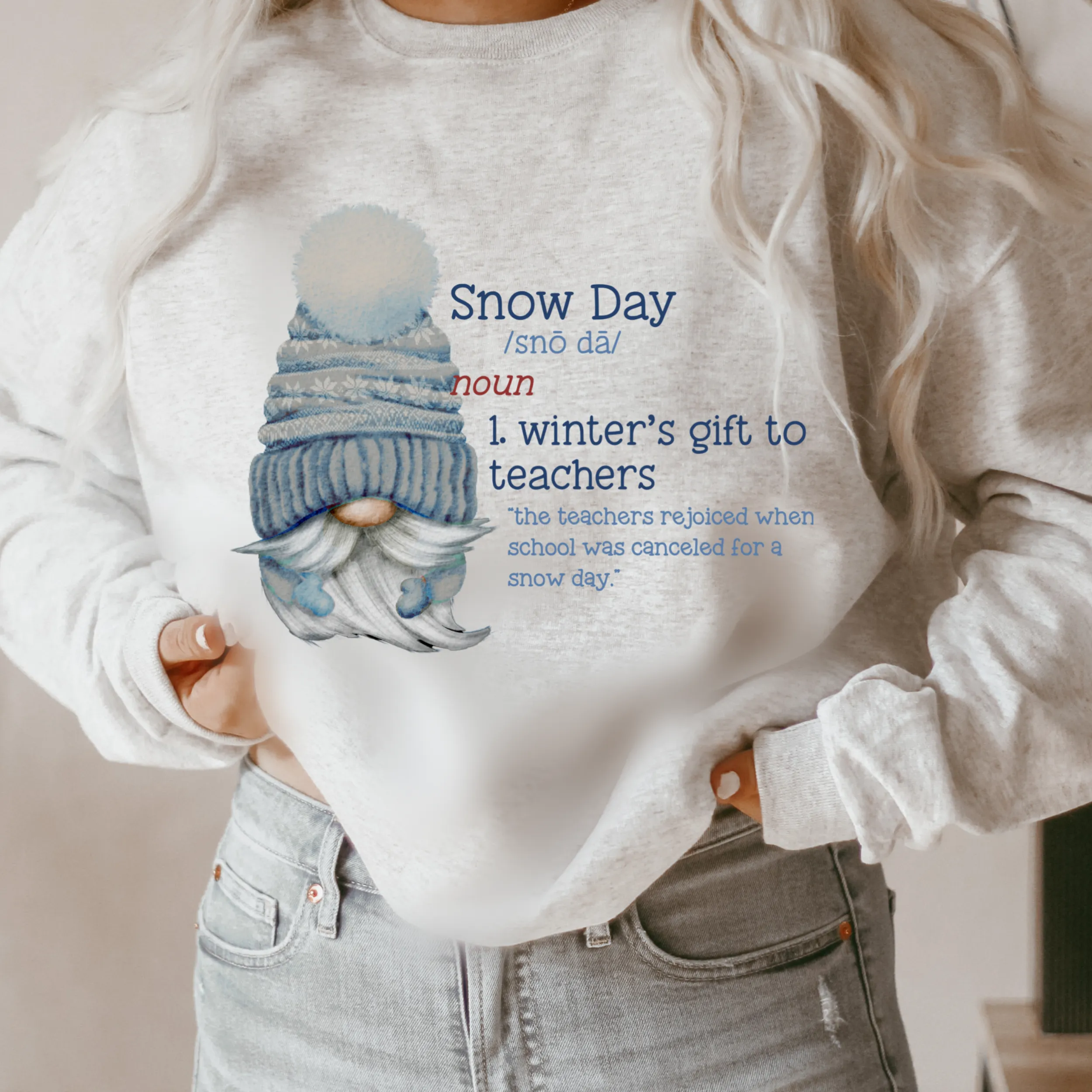 Snow Day Sweatshirt or T-Shirt Teacher Gnome Snow Day Funny Sweatshirt, Teacher Winter Snow Gift, Crewneck Sweatshirt Cute Pastel Design