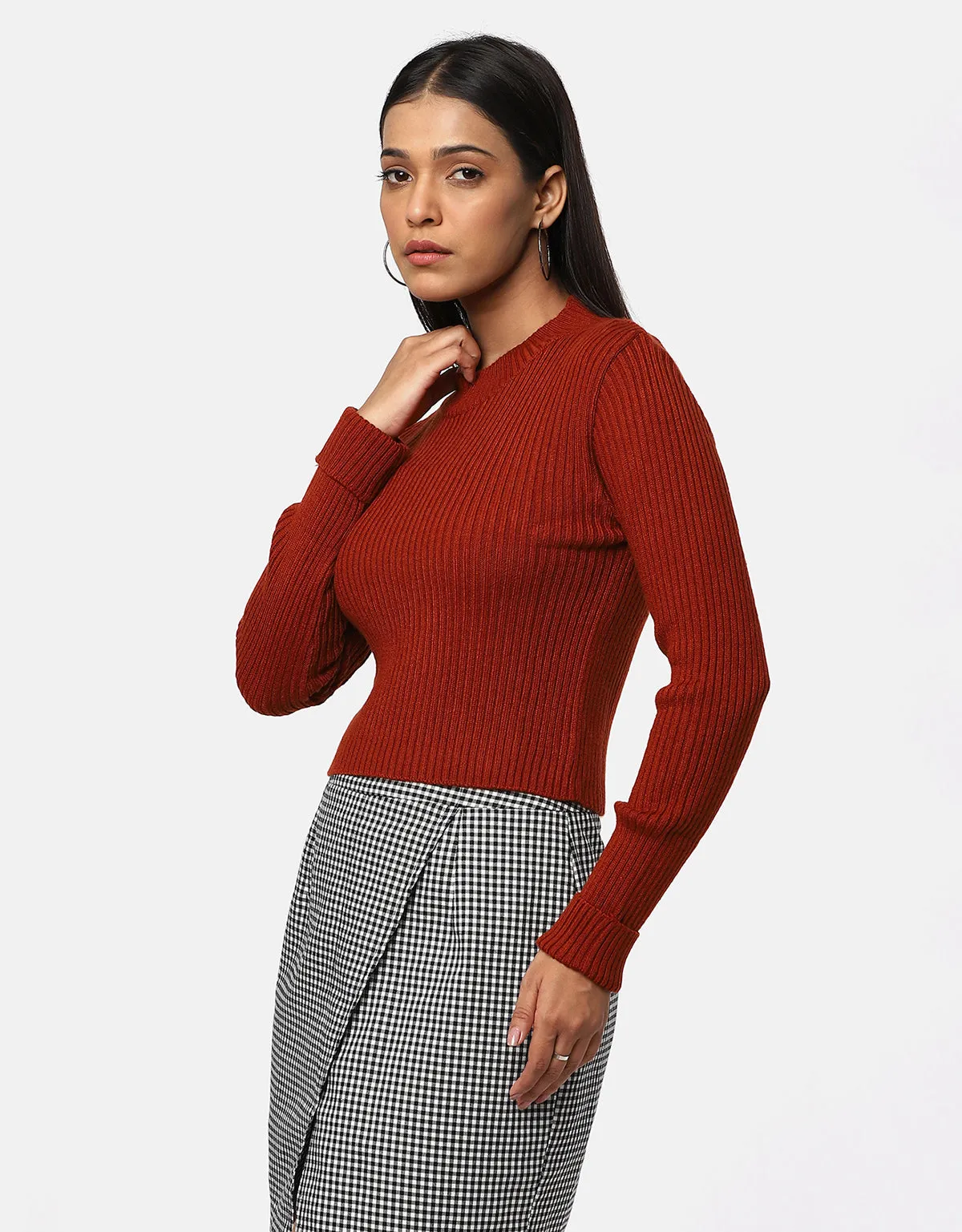 T-Neck Knitted Crop Top For Women