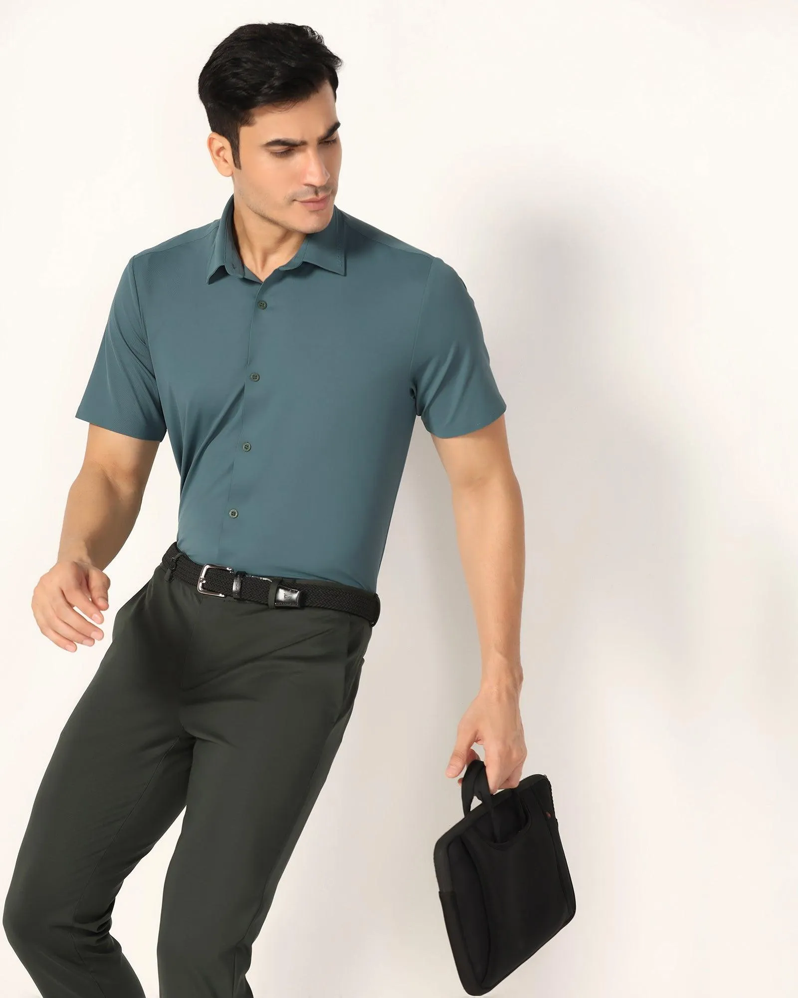 TechPro Formal Half Sleeve Bottle Green Solid Shirt - Alfie