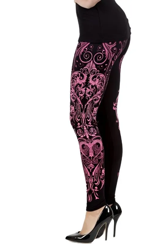 Vocal Printed Swirl & Stones Leggings - Black/Coral