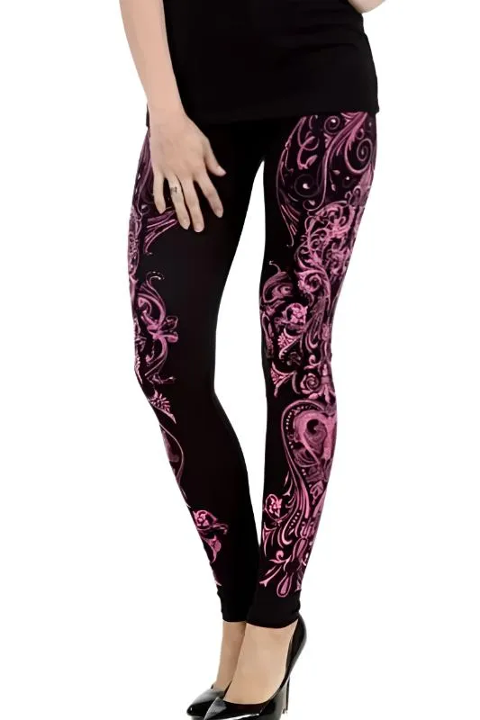 Vocal Printed Swirl & Stones Leggings - Black/Coral