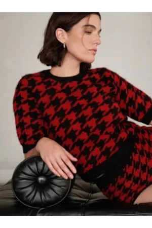 W. Cashmere Marfa Houndstooth Sweater 24HOL10 | Black/Cardinal