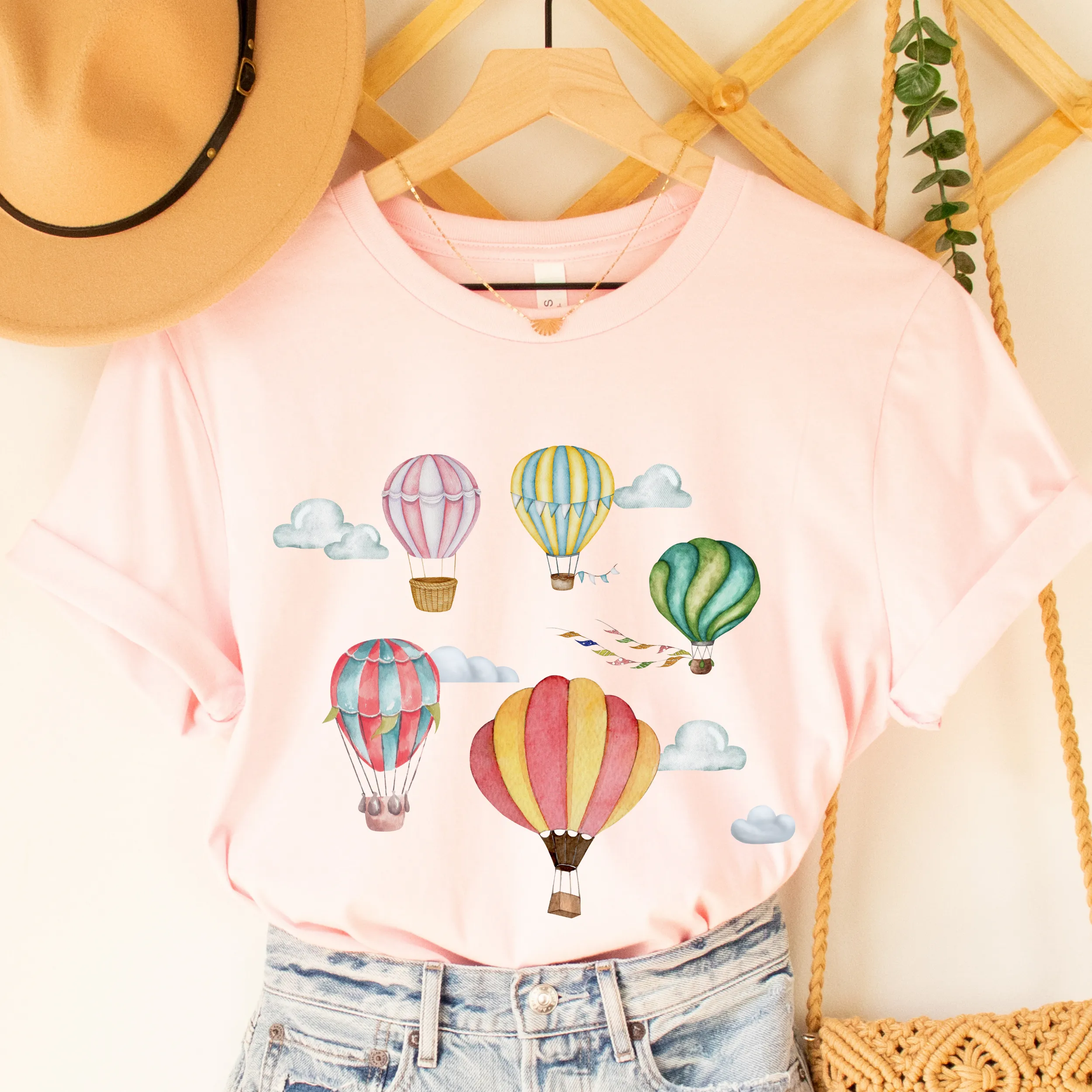 Watercolor Hot Air Balloons Women's T Shirt Soft Bella Canvas Spring Shirt Unisex Pastel Balloons Shirt Hot Air Ballon Festival Shirt