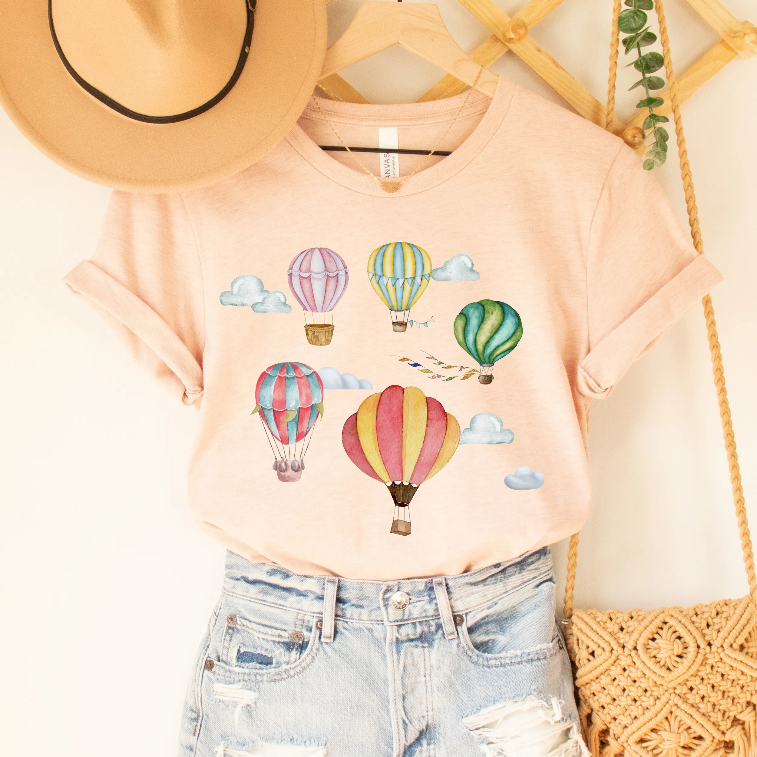 Watercolor Hot Air Balloons Women's T Shirt Soft Bella Canvas Spring Shirt Unisex Pastel Balloons Shirt Hot Air Ballon Festival Shirt