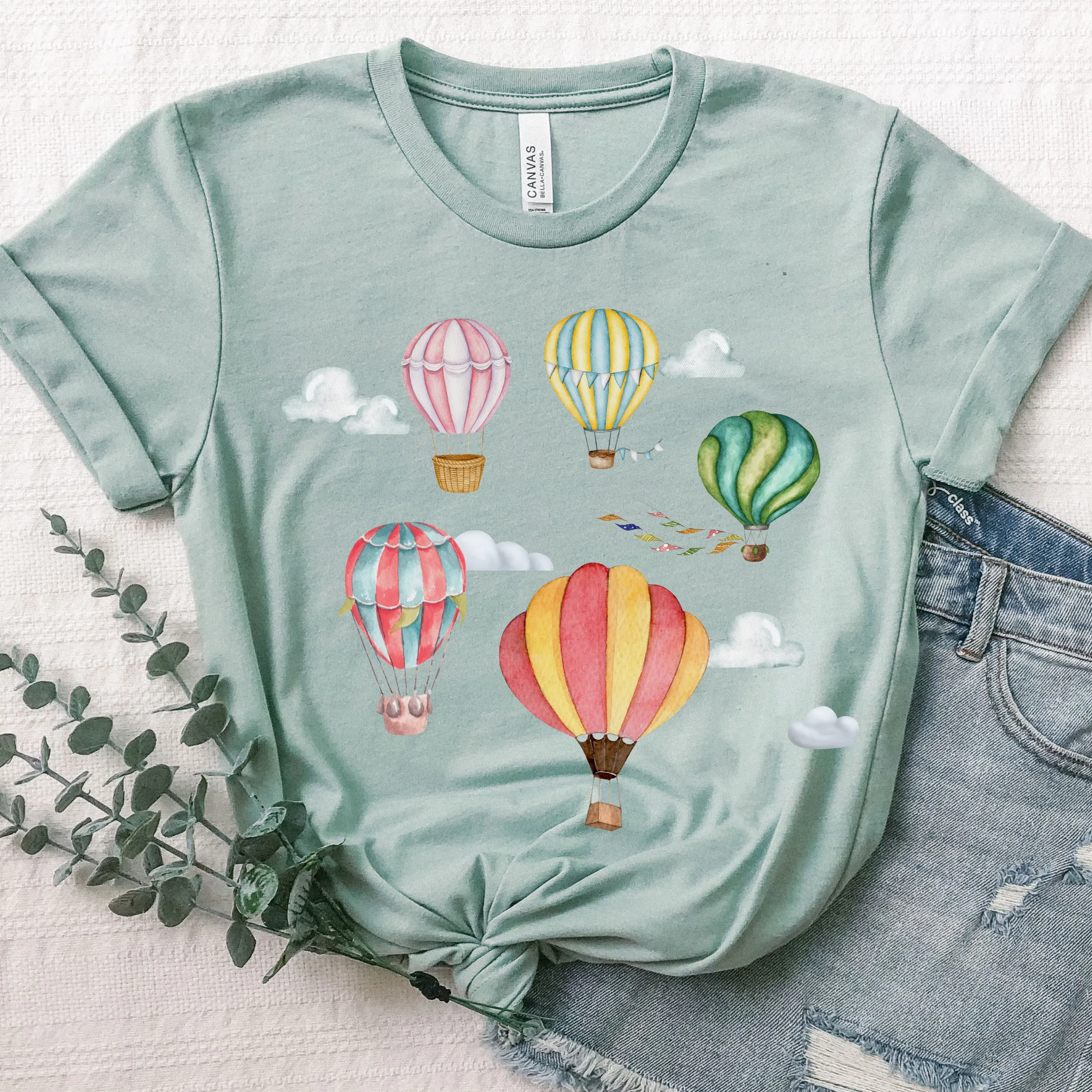 Watercolor Hot Air Balloons Women's T Shirt Soft Bella Canvas Spring Shirt Unisex Pastel Balloons Shirt Hot Air Ballon Festival Shirt