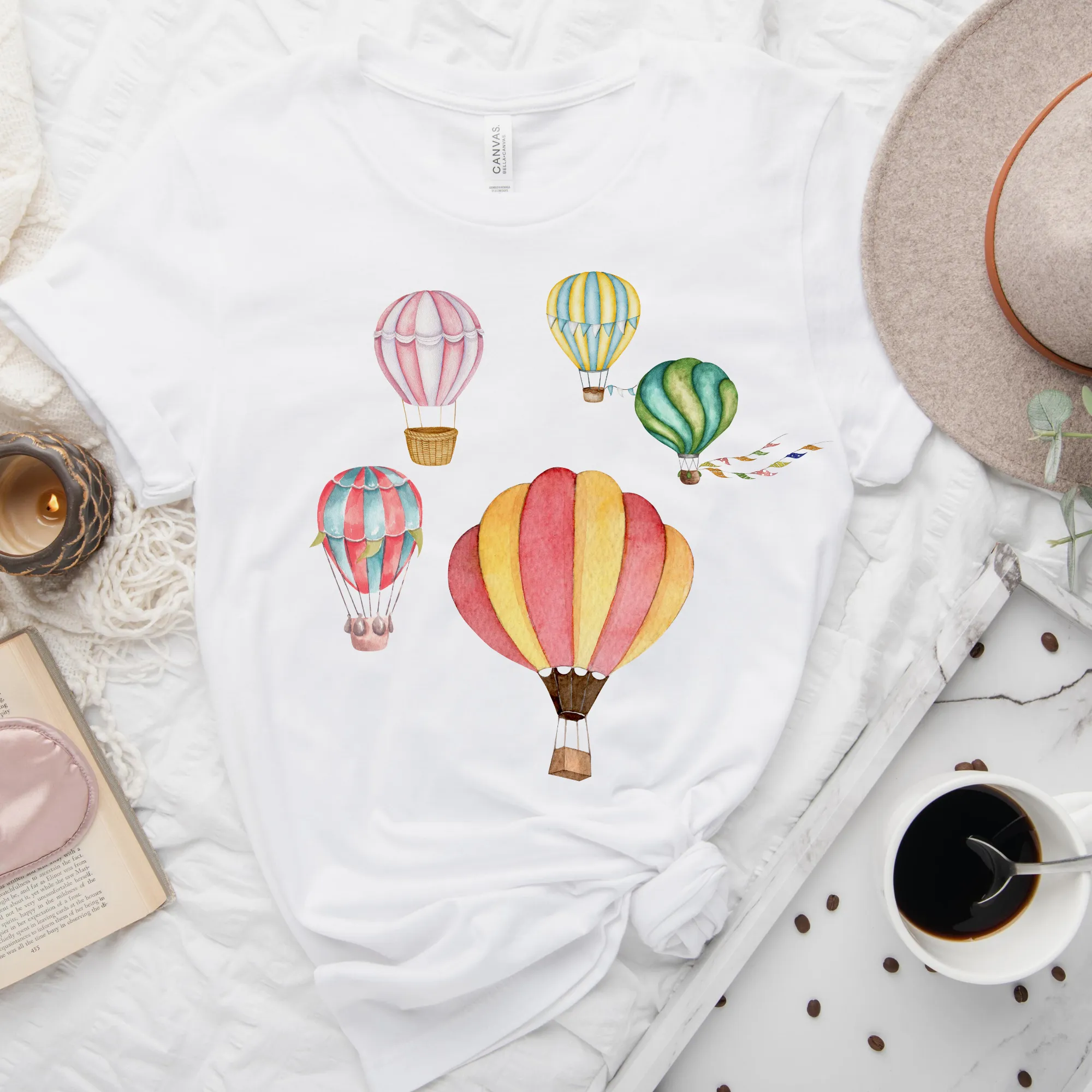 Watercolor Hot Air Balloons Women's T Shirt Soft Bella Canvas Spring Shirt Unisex Pastel Balloons Shirt Hot Air Ballon Festival Shirt