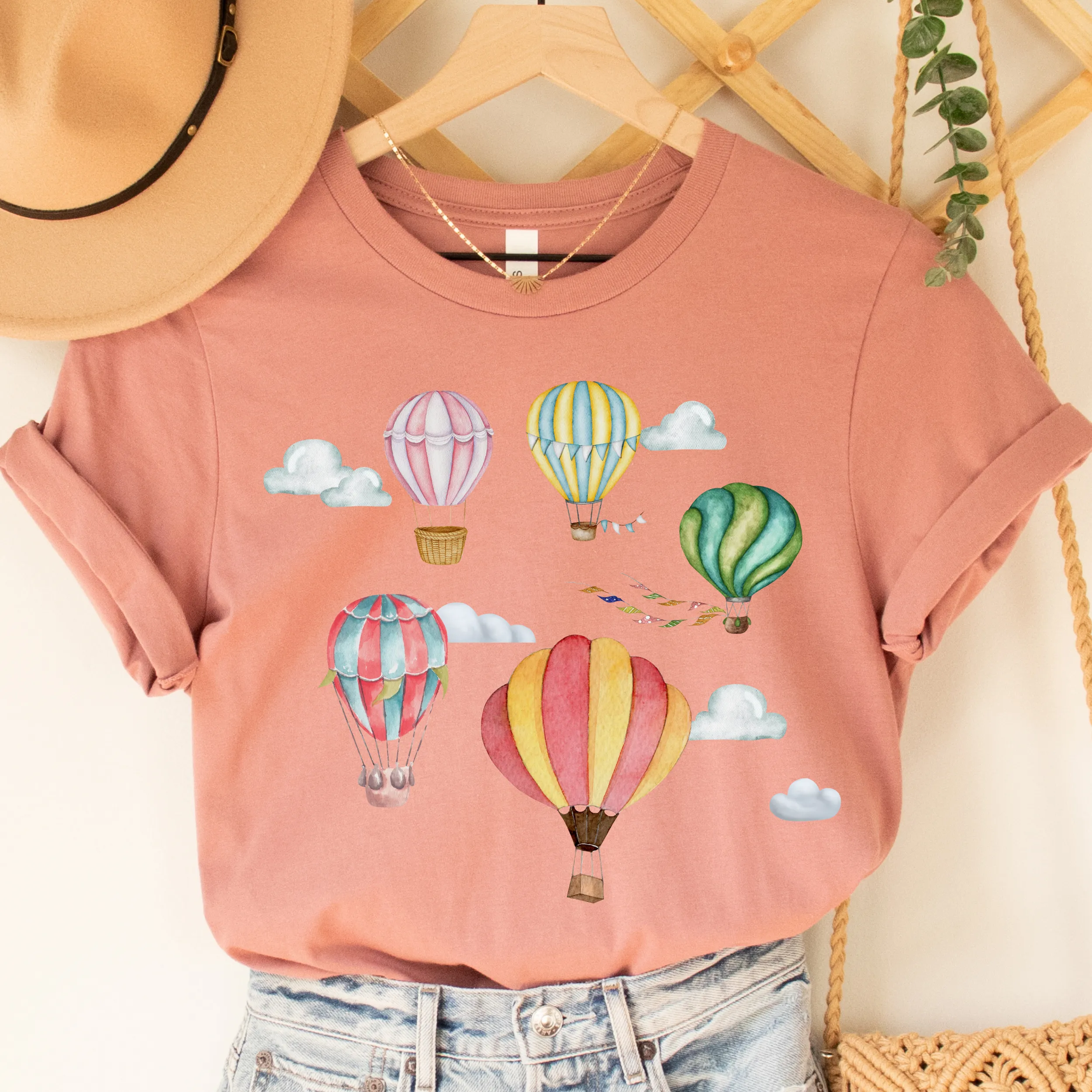 Watercolor Hot Air Balloons Women's T Shirt Soft Bella Canvas Spring Shirt Unisex Pastel Balloons Shirt Hot Air Ballon Festival Shirt