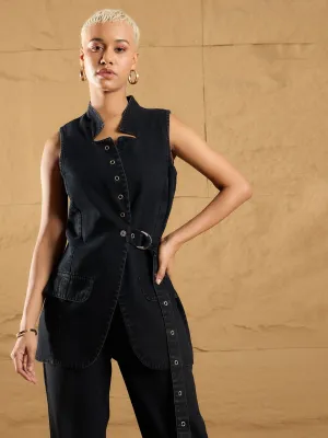 Women Black Wash Denim Eyelet Sleeveless Jacket