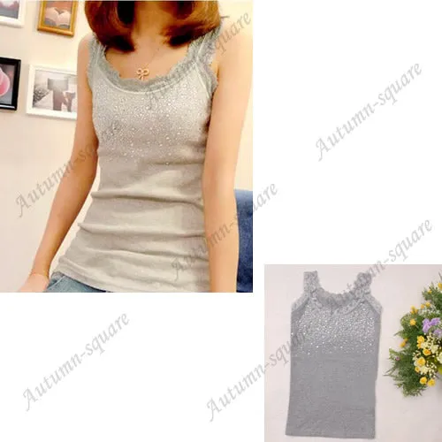 Women Sexy Rhinestone Lace Stunning Based Sleeveless Vest Tank Top Tee T-Shirt Black White Gray Camisole Cami Shirt Slim