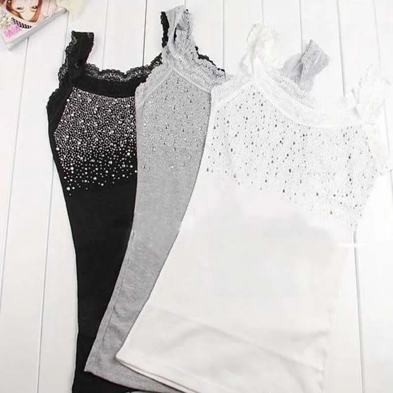 Women Sexy Rhinestone Lace Stunning Based Sleeveless Vest Tank Top Tee T-Shirt Black White Gray Camisole Cami Shirt Slim