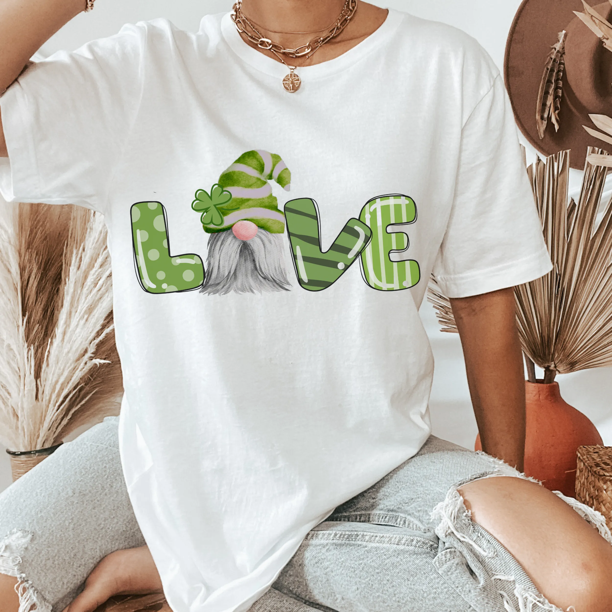 Women's St. Patrick's Day Gnome Unisex-Size Green Love White Crewneck Sweatshirt T-Shirt Cute Gnome Lover Pullover or Tee